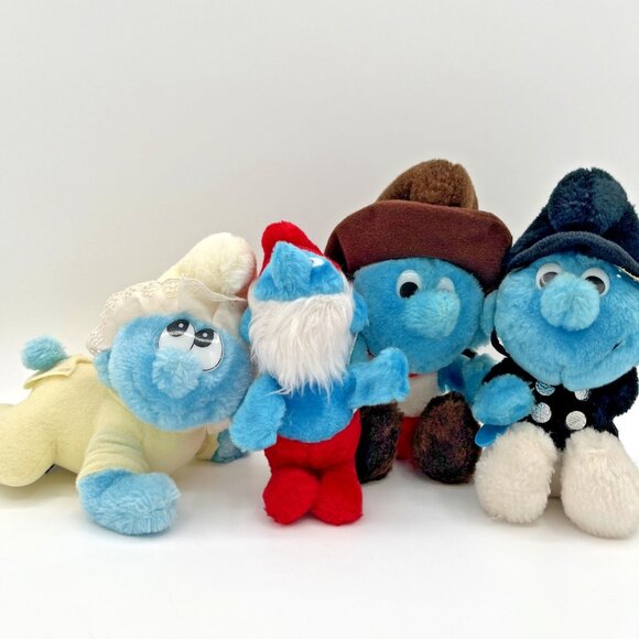 Vintage Smurfs Plush Lot Papa Cowboy Police Baby 1981–1983 Ganz Applause Peyo - Picture 1 of 16